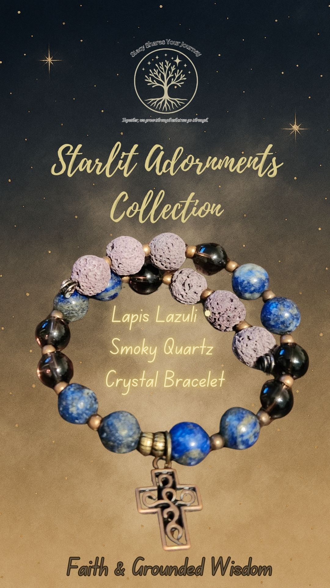 Lapis Lazuli • Smoky Quartz Crystal Bracelet with Cross Charm | Faith & Grounded Wisdom