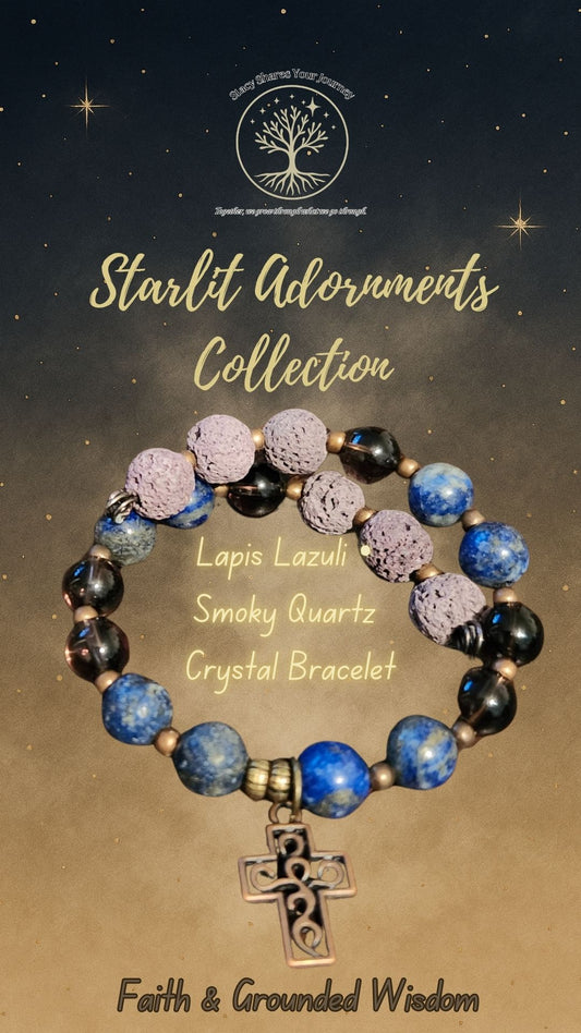 Lapis Lazuli • Smoky Quartz Crystal Bracelet with Cross Charm | Faith & Grounded Wisdom