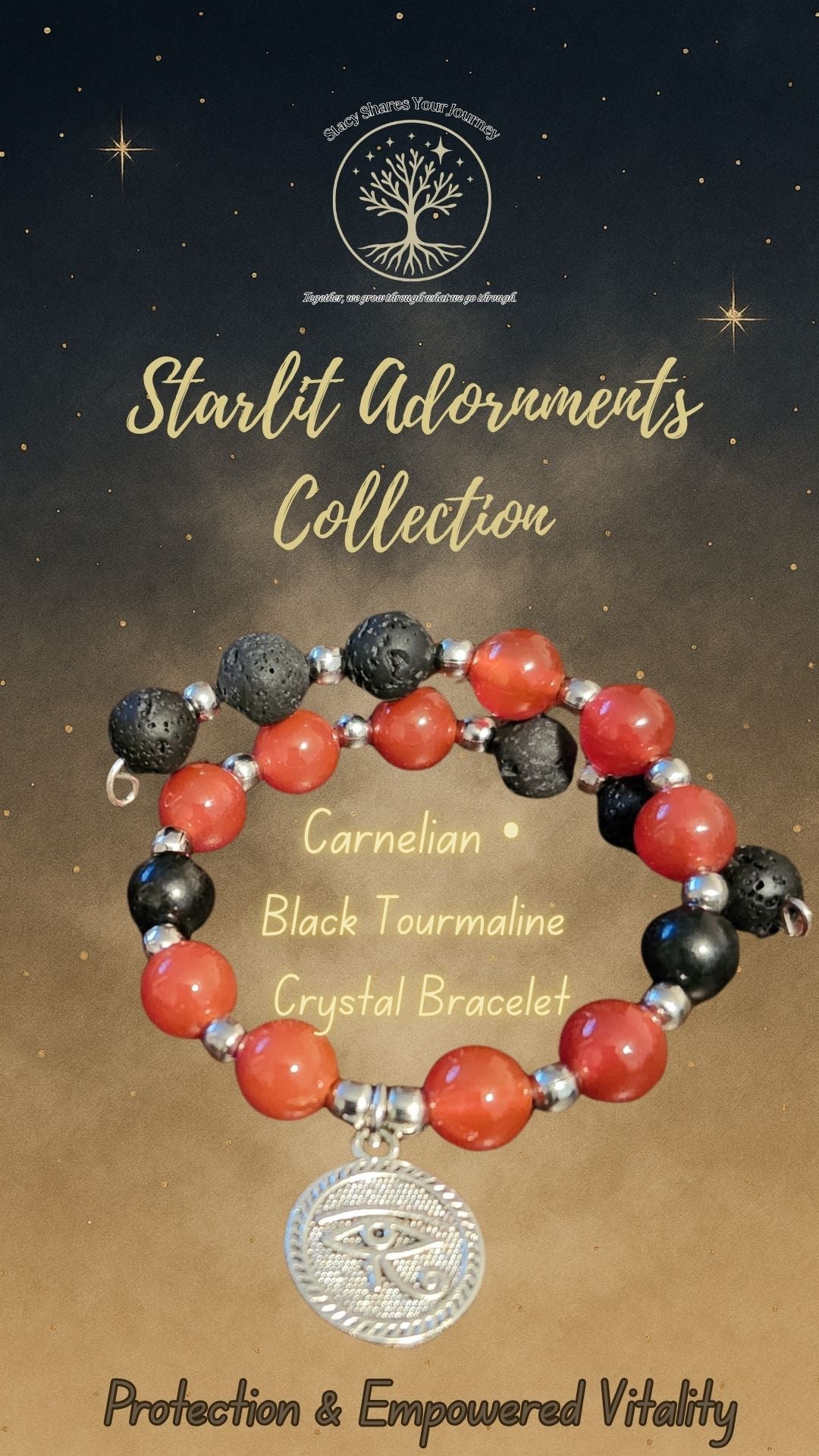 Carnelian • Black Tourmaline Crystal Bracelet with Eye of Ra Charm | Protection & Empowered Vitality
