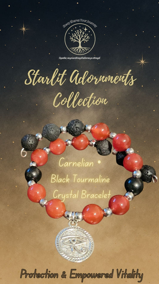 Carnelian • Black Tourmaline Crystal Bracelet with Eye of Ra Charm | Protection & Empowered Vitality
