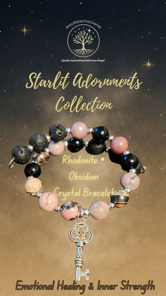 Rhodonite • Obsidian Crystal Bracelet with Key Charm | Emotional Healing & Inner Strength