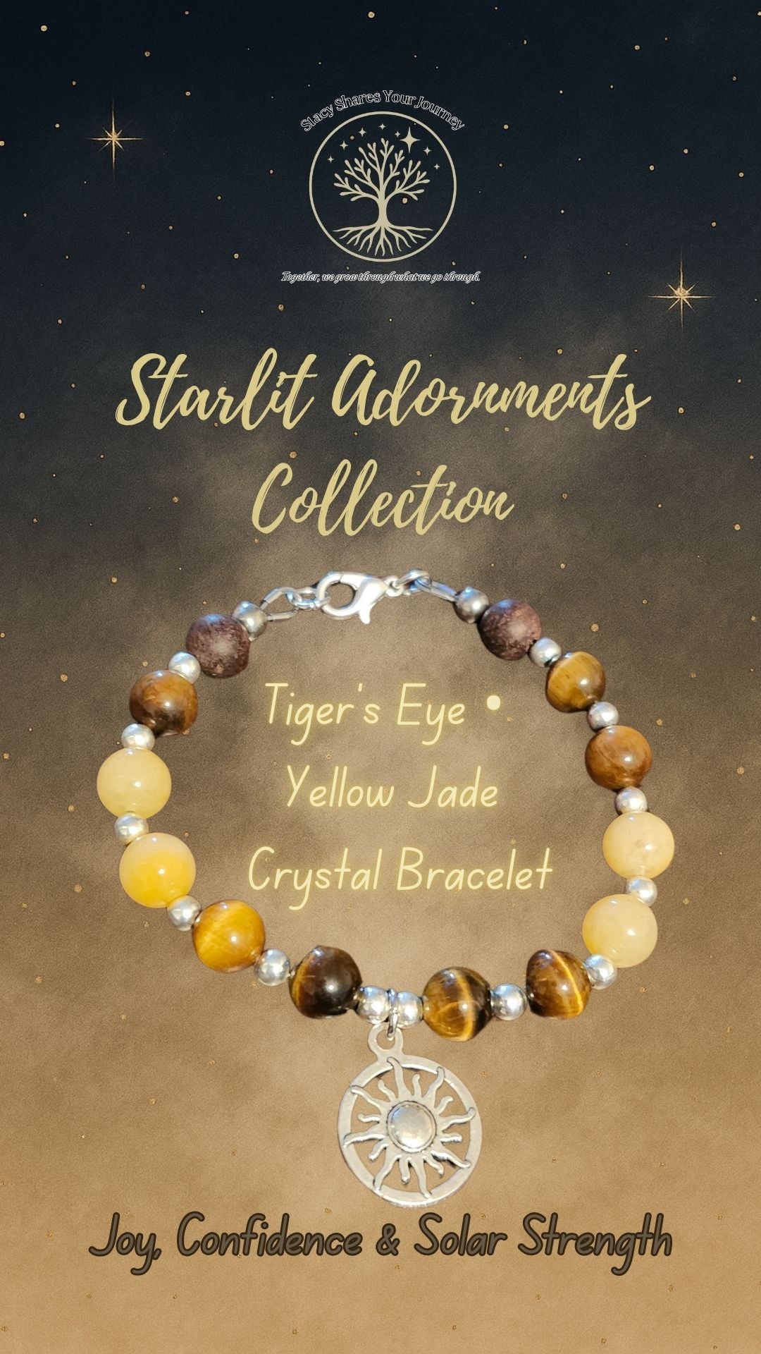 Tiger’s Eye • Yellow Jade Crystal Bracelet with Sun Charm | Joy, Confidence & Solar Strength