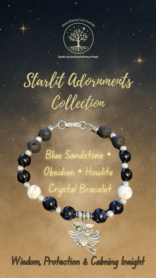 Blue Sandstone • Obsidian • Howlite Crystal Bracelet with Owl Charm | Wisdom, Protection & Calming Insight