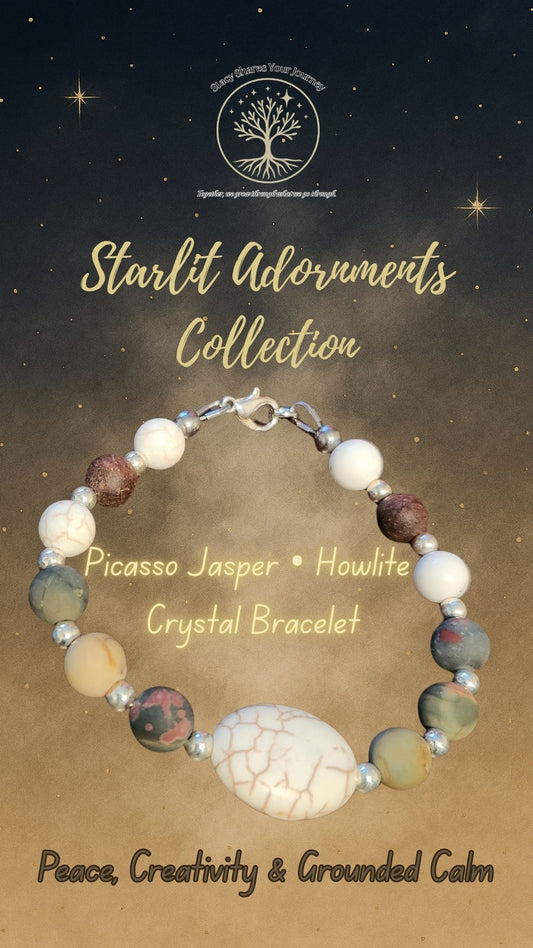 Picasso Jasper • Howlite Crystal Bracelet with Sandalwood | Peace, Creativity & Grounded Calm