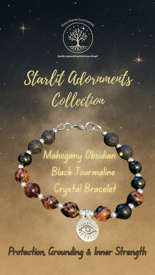 Mahogany Obsidian • Black Tourmaline Bracelet with Evil Eye Charm | Protection, Grounding & Inner Strength